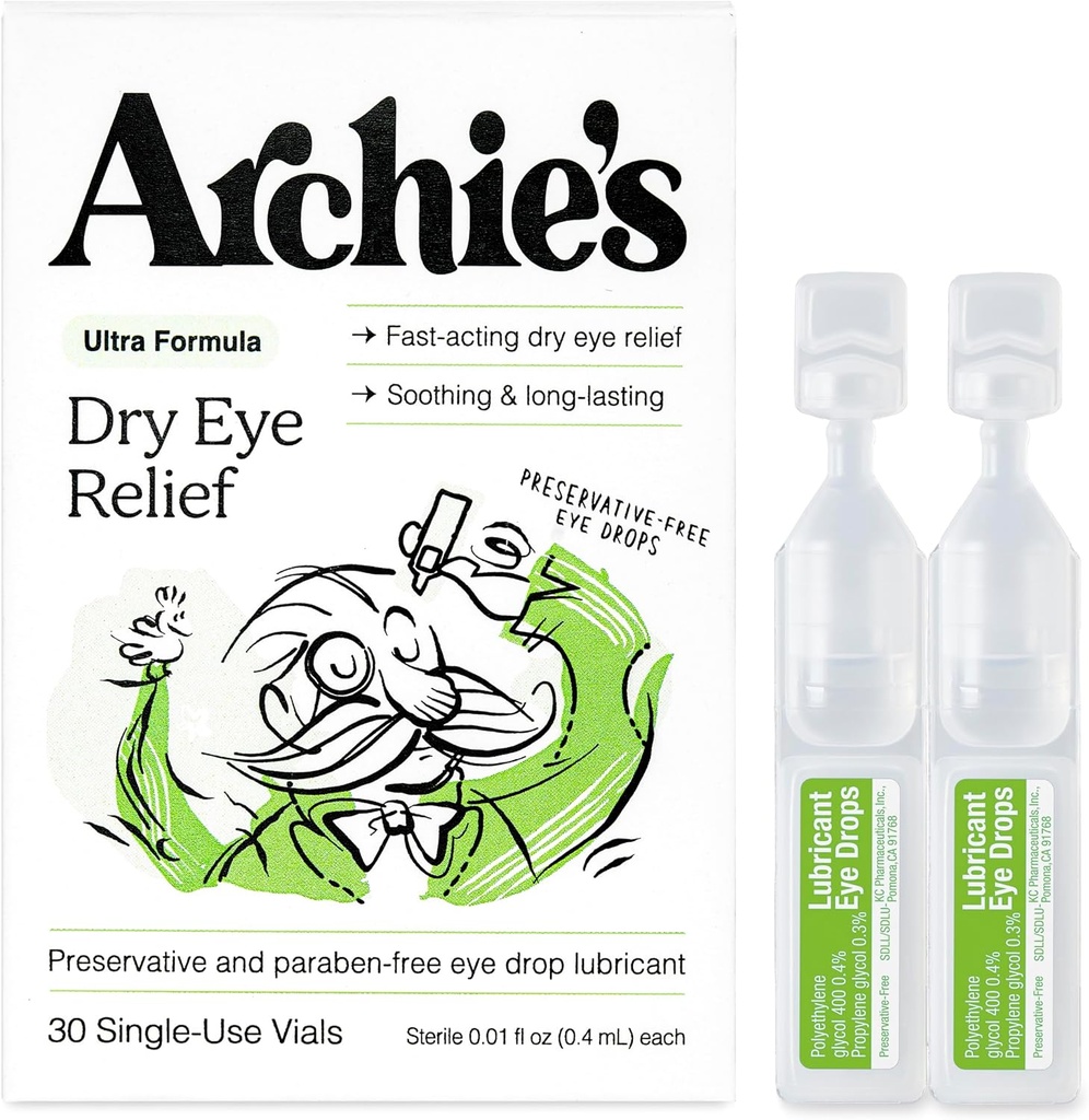 Archie 's Remedies, Try Eye Relief, Ultra Lubricating Eye Drops, Clean Formel og Preservative- Free Vials, Single- Use, for Irritation og røde øjne, Natural Tårer, 30 Greve