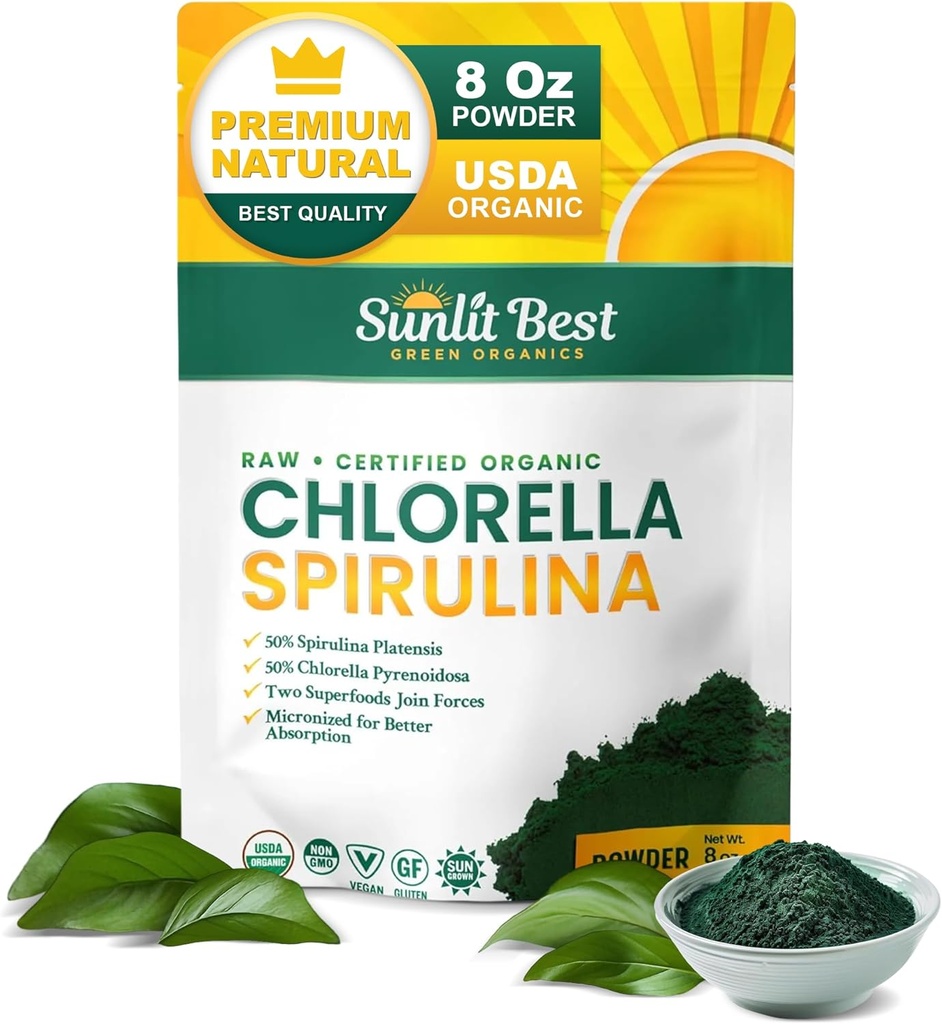 Sunlit Best USDA Organic Chlorella Spirulina Powder - 100% Raw & Vegan Kilde til Protein & Chlorophyll Budd124; Non GMO & Gluten Free Superfood Energy Drink 124; Gut Health & Immunsupport Supplement, 8 oz