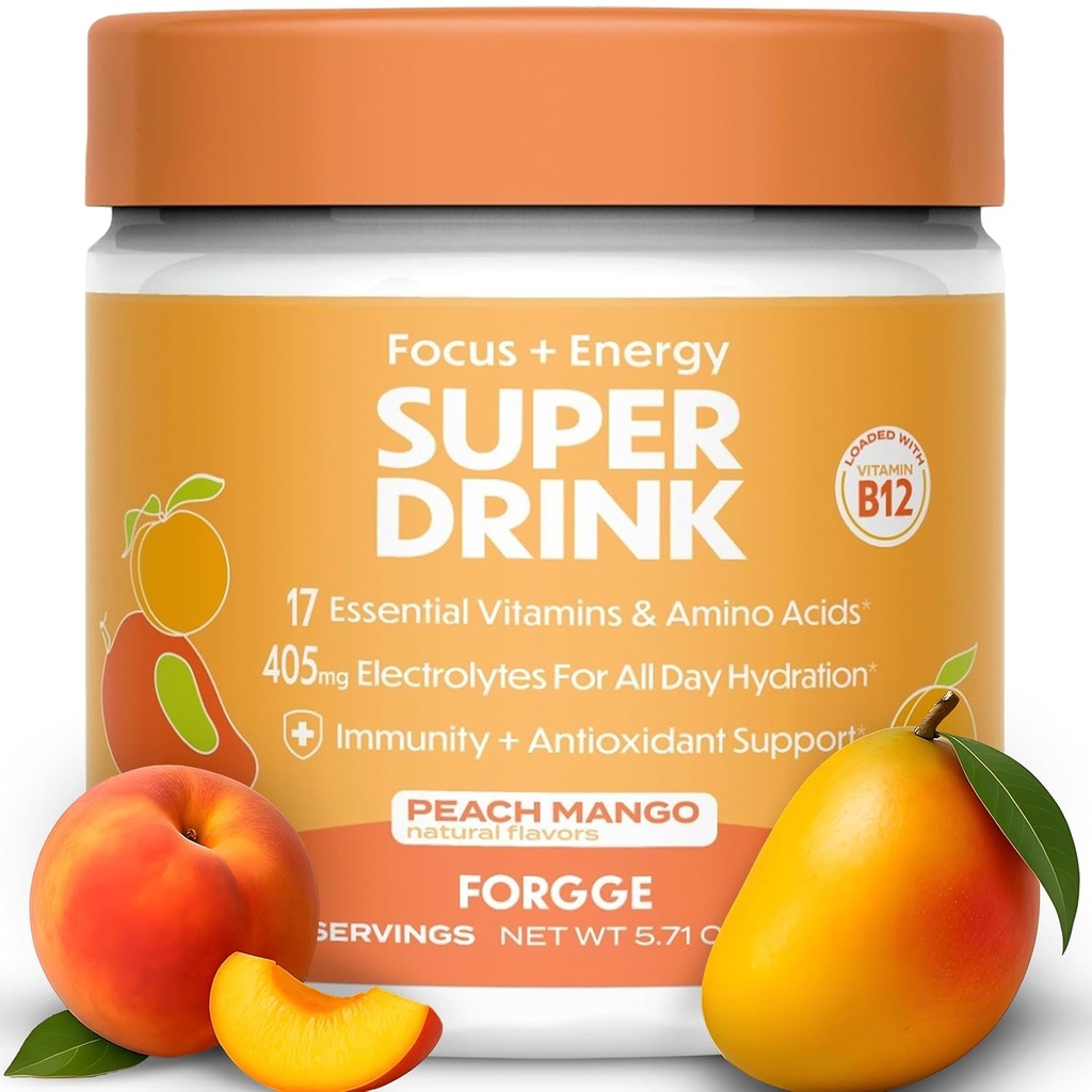 Forgge Energy Booster Super Drink - Ren koffein + B12, B6, C & D Vitamin - Sukker Free Energy Drink Pulver med elektrolyter, Aminosyrer, Antioxidanter, Lions Mane - Vegan, Keto- Friendly - 30 SVG, Peach Mango