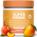 Forgge Energy Booster Super Drink - Ren koffein + B12, B6, C & D Vitamin - Sukker Free Energy Drink Pulver med elektrolyter, Aminosyrer, Antioxidanter, Lions Mane - Vegan, Keto- Friendly - 30 SVG, Peach Mango
