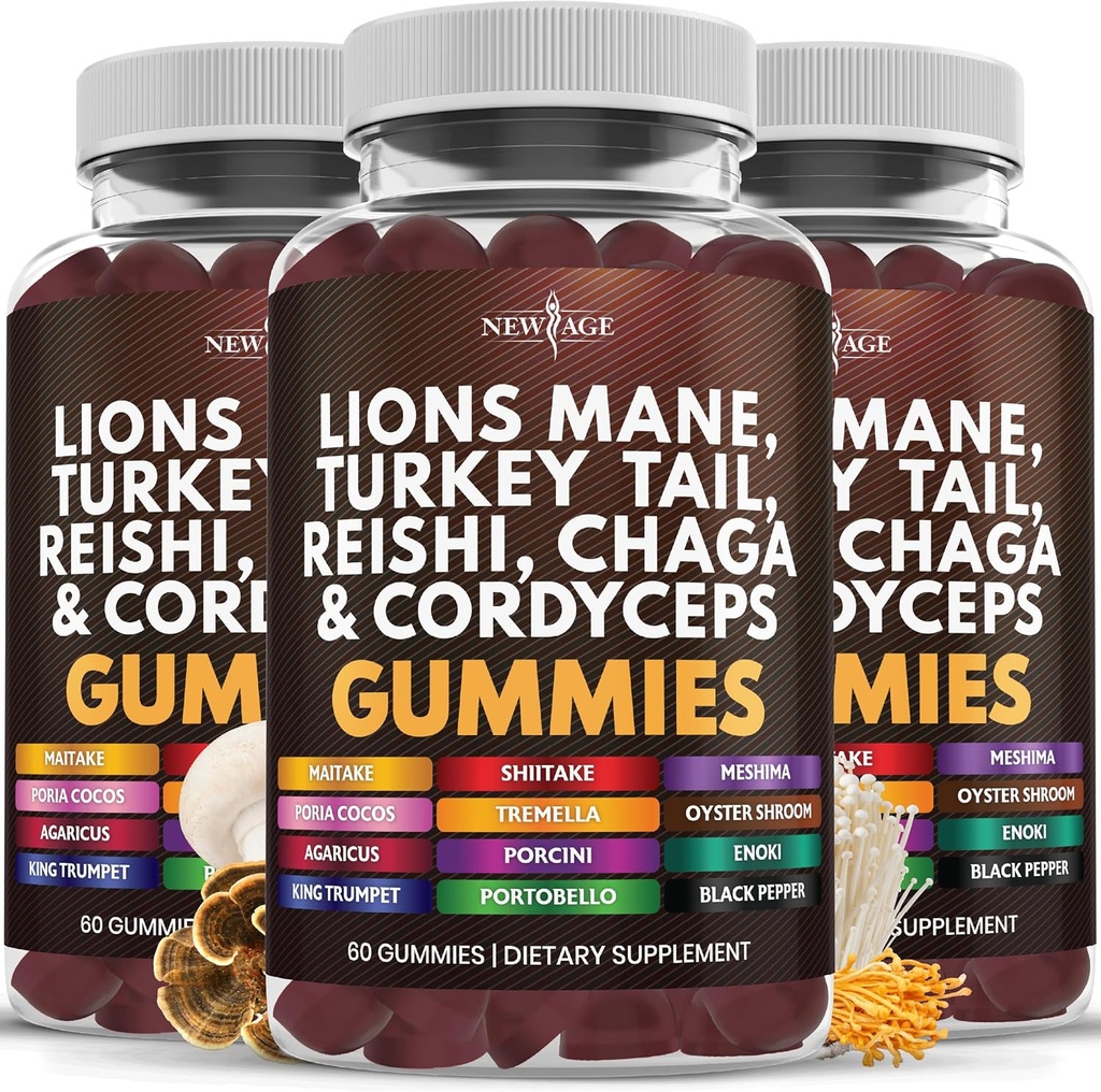 NEW AGE Mushroom Lions Mane Supplement Gummies - Omfattende Mushroom tillæg med Reishi, Cordyceps - 180 Greve