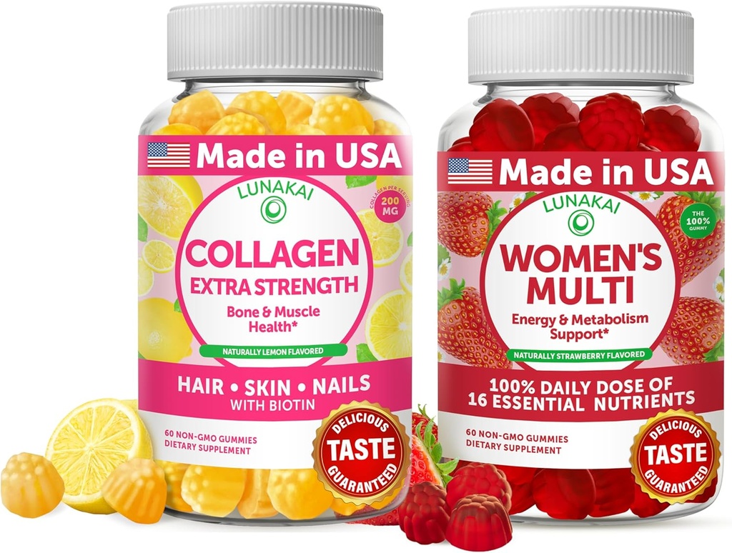 Lunakai Collagen og kvinders Multivitamin Gummies Bundle - Ikke-GMO Anti Aging Kosttilskud med biotin, zink, C-vitamin og E - 100% daglig værdi af 16 essentielle vitaminer og mineraler - 30 dages forsyning
