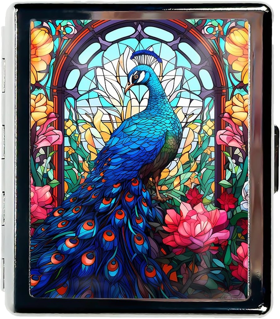 Travel Pill Organizer Lille Pill Case for Purse Essentials 7 dage Cute Pill Box med spejl Portable Pill Box til Pocket eller Purse Pill Containe Travel Gaver (Peacock Stained glas)