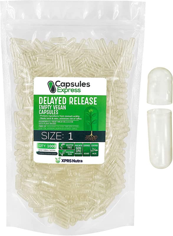 XPRS Nutra Delayed Release Størrelse 1 Tomme kapsler - 1000 Tomme Veganske kapsler - Vegetariske piller - DIY Vegetabilske Kapsler Fyldning - Filtable Veggie Gel Caps til Do- It- Yourself Kosttilskud