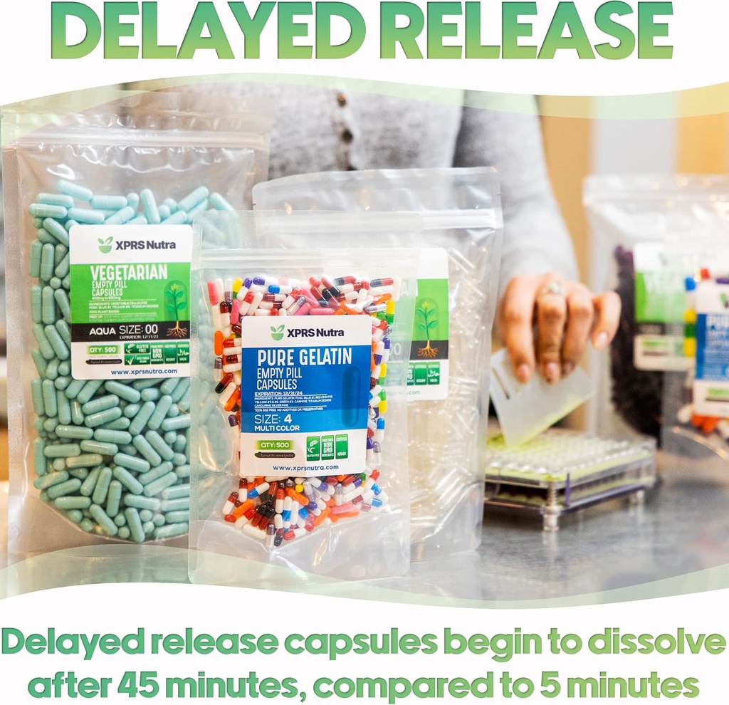 XPRS Nutra Delayed Release Størrelse 1 Tomme kapsler - 1000 Tomme Veganske kapsler - Vegetariske piller - DIY Vegetabilske Kapsler Fyldning - Filtable Veggie Gel Caps til Do- It- Yourself Kosttilskud