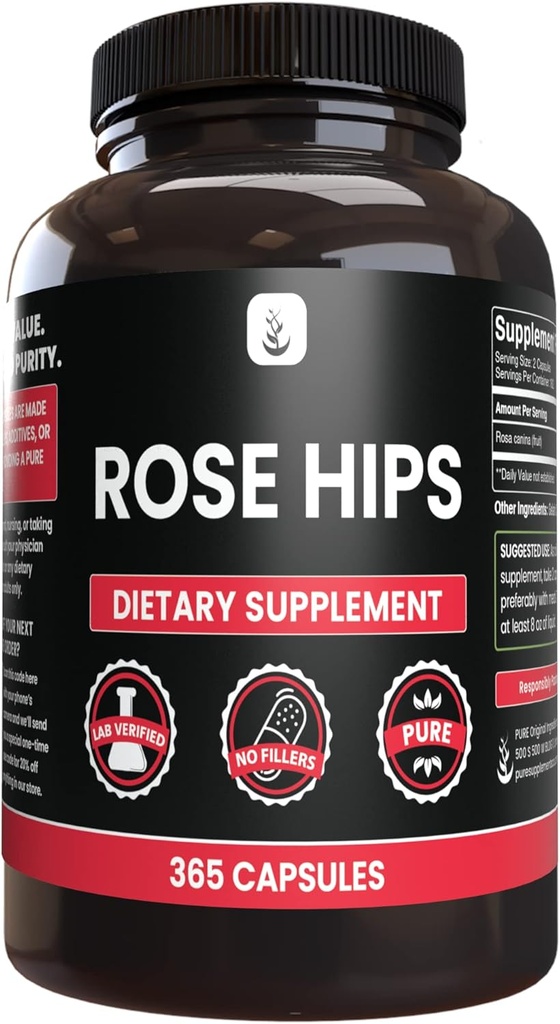PURE ORIGINALSKE INGREDIENSER Rose HIPS (365 kapsler) Ingen Magnesium eller ris Fyldere, Altid Pure, Lab Verified