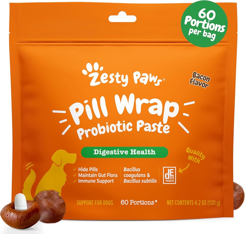 Zesty Paws Pill Wrap Probiotic Paste for Dogs - Immune & Digestive System Support - Bacon Flavor - with DE111 Bacillus subtilis - Pockets Any Pill, Tablet & Capsule for Your Dog - 4.2oz - 60 Portions