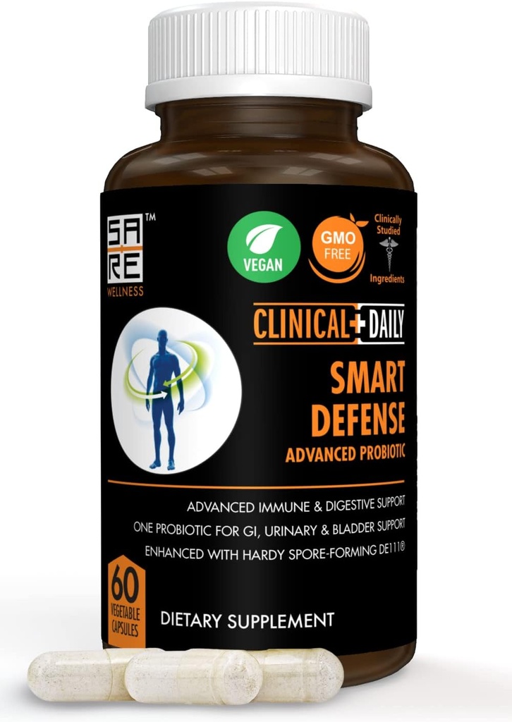 KLINISKE DAILY Smart Defense Mega Spore Probiotic. Bacillus Subtilis Spore Based Probiotika til kvinder og mænd med Lactobacillus Plantarum God Flora Natural Slim Mikrobiome Support. 60 Veganske kapsler