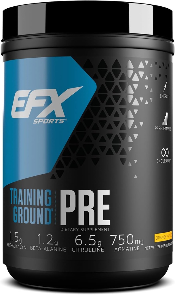 EFX Sports Training Ground Pre Workout Pulver124; Energy & Muscle Pumps • 124; med Hydromax Glycerol, Citrullin, Beta Alanine • 124; 300mg Koffein • 124; 20 Servering (Orange Mango)