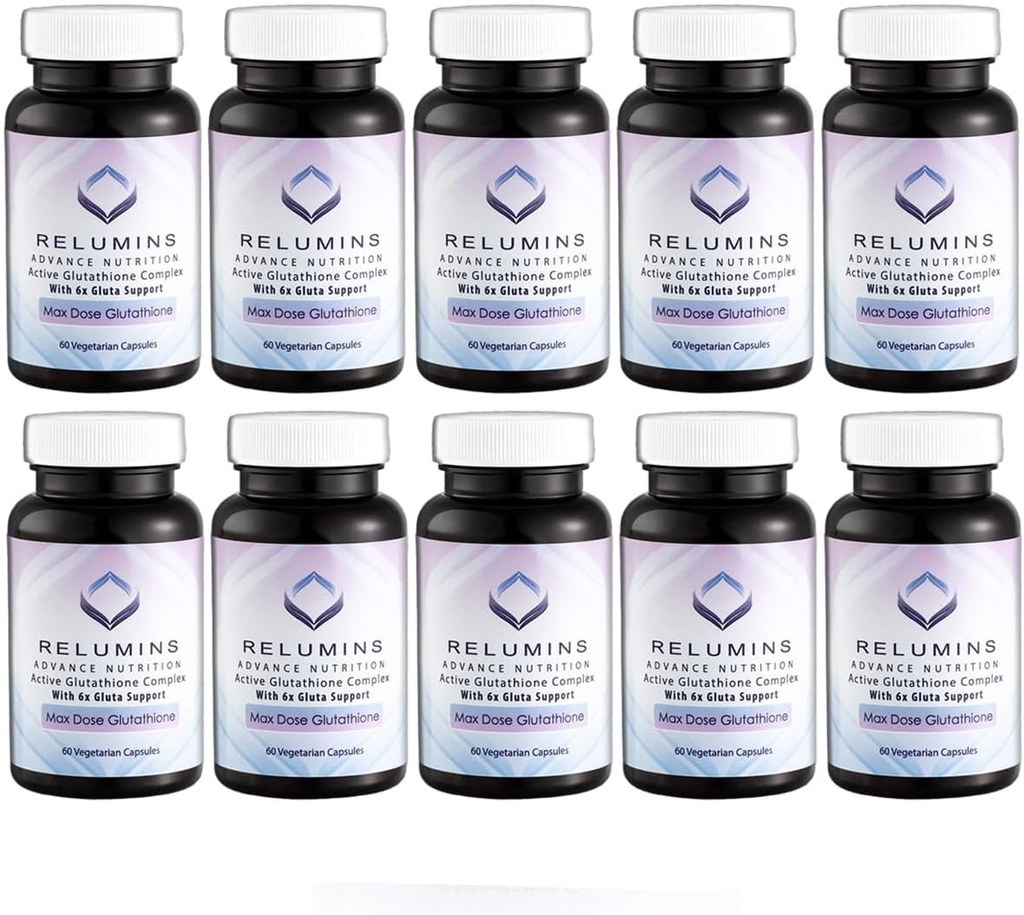 Reluminer Advance White Active Glutathione Complex - Max dosis 900mg Glutathion med 6X boostere, ALA & NAC - Anti- Aging Skin Brightening Supplement - 60 Caps x 10 Flasker