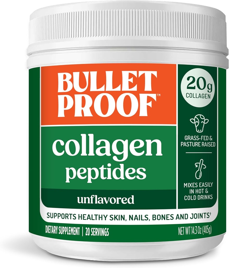 Bulletproof Unflavored Collagen Peptider Powder med MCT Oil, 14.3 Ounces, Grass- Fed Collagen Protein til hud, ben og fælles støtte, Pasture Raised, Ingen Tilsatte Hormoner
