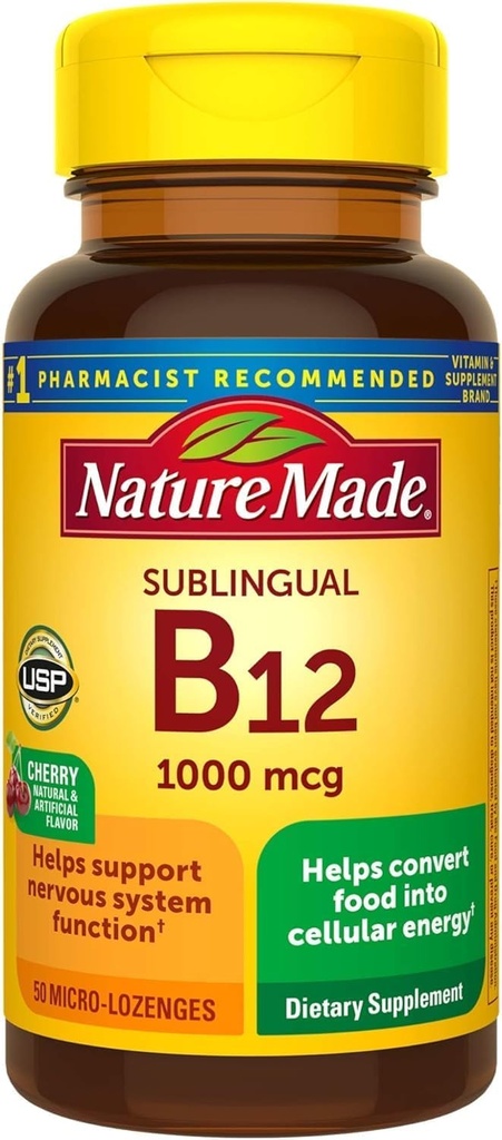 Nature Made Sublingual Vitamin B12 1000 mcg Micro- Lozenges, 50 Count for Metabolic Health