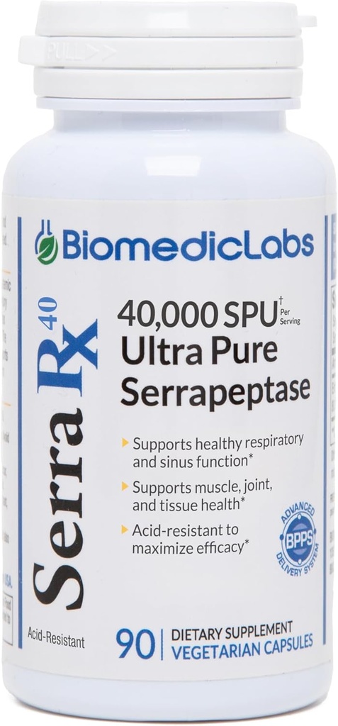 Serra-RX 40.000 SPU Serrapeptase - Acid- resistent Proteolytisk systemisk enzym, Non- GMO, Gluten Free, Vegan, 90 Veg Kapsler