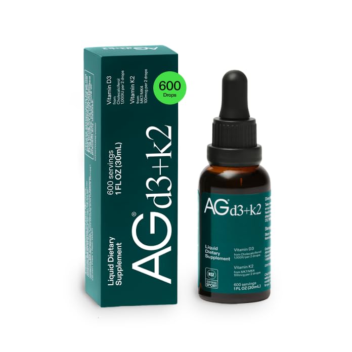 AG1 D3-vitamin K2 dråber, 1000IE D3-vitamin og 100mcg K2-vitamin pr. servering, understøtter knogletæthed og kalciumabsorption (Atletisk Grønne)