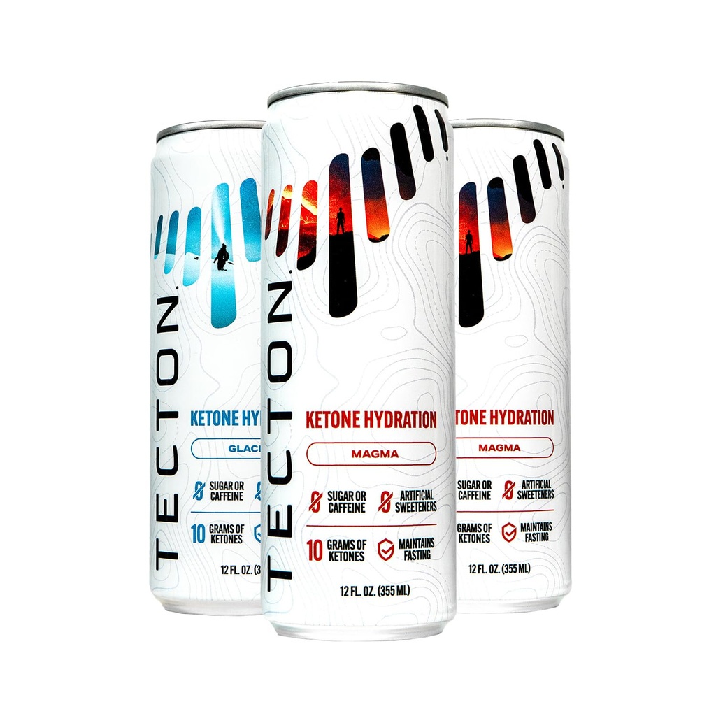 Tecton Ketone Ester - 10g BHB Ketone Ester / Servering, Patenteret Nature Identiske Ketoner - sukkerfri, Variety Pack (2 Glacier, 2 Magma), Stimulantfri