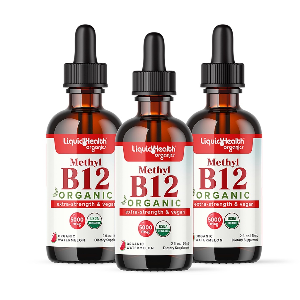 LIQUIDHealth USDA Organic Methyl Vitamin B12 Methylcobalamin Flydende dråber med tærte Cherry Juice - Boost Energy, immunstøtte, Forbedre hukommelse & koncentration - USA Made, Vegan, Non- GMO (3 Pack)