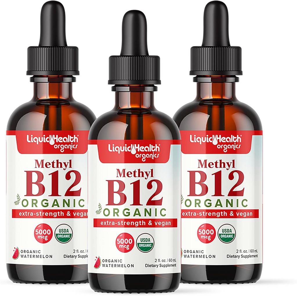 LIQUIDHealth USDA Organic Methyl Vitamin B12 Methylcobalamin Flydende dråber med tærte Cherry Juice - Boost Energy, immunstøtte, Forbedre hukommelse & koncentration - USA Made, Vegan, Non- GMO (3 Pack)
