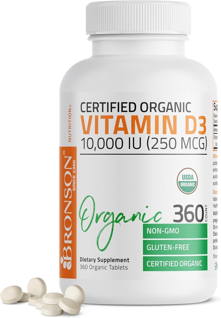 Bronson vitamin D3 10. 000 IE (250 mcg) Certificeret økologisk højpotens D- vitamin D tillæg, 360 tabletter