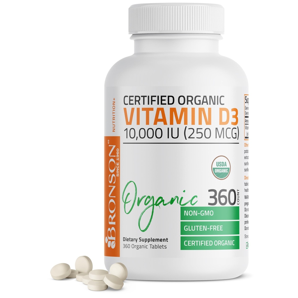 Bronson vitamin D3 10. 000 IE (250 mcg) Certificeret økologisk højpotens D- vitamin D tillæg, 360 tabletter