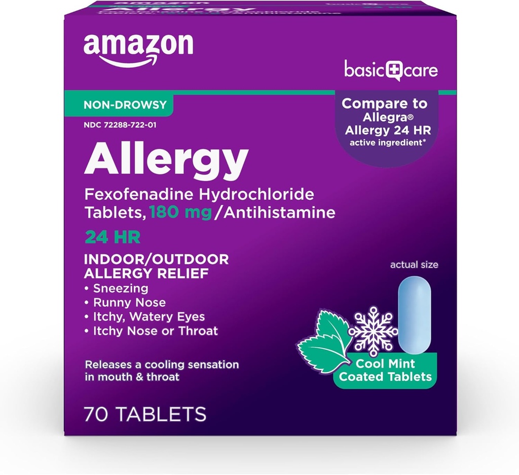 Basic Care Allergy Relief, 24 timer, Fexofenadin Hydroklorid 180 mg, Non- Drowsy Antihistamin, Cool Mint Overtrukket Tablets, 70 Greve
