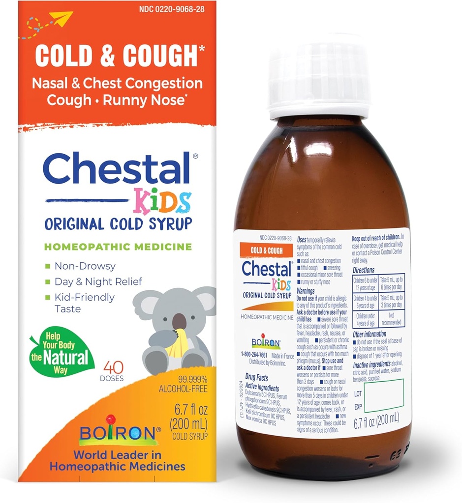 Boiron Chestal Children 's Cold and Hough Syrup til Nasal og Bryst Congestion, Runny Næse, og Sore Throat Relief - 6.7 Fl oz