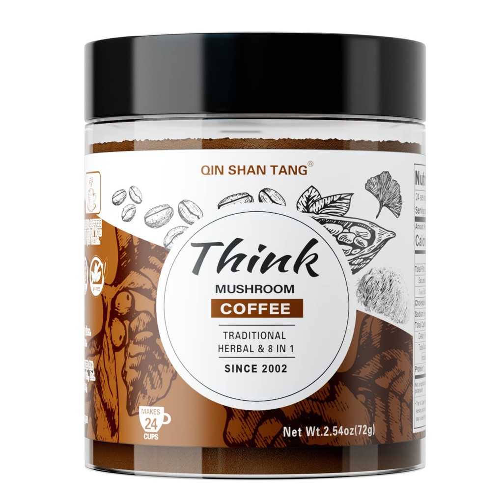 QIN SHAN TANG Mushroom Coffee for Brain and Focus, Traditional Formel, med Lions Mane, Ginkgo, Alpha- GPC, Bacopa, PS, L- Theanine, 24 Servere