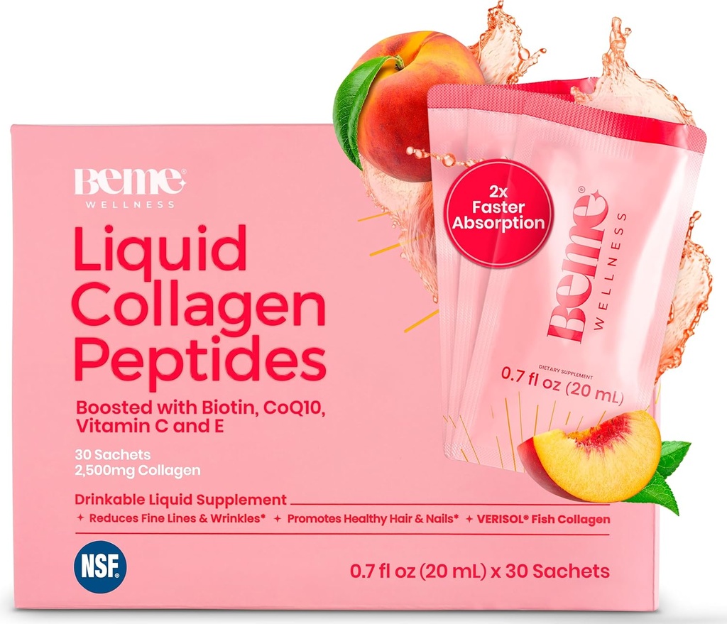 BeMe BeRadiant flydende kollagen peptid til hår, hud og negle med 2X hurtigere absorption - klinisk testet - 2500mg Verisol ® hydrolyseret collagen kosttilskud til kvinder med biotin, CoQ10 & C-vitamin