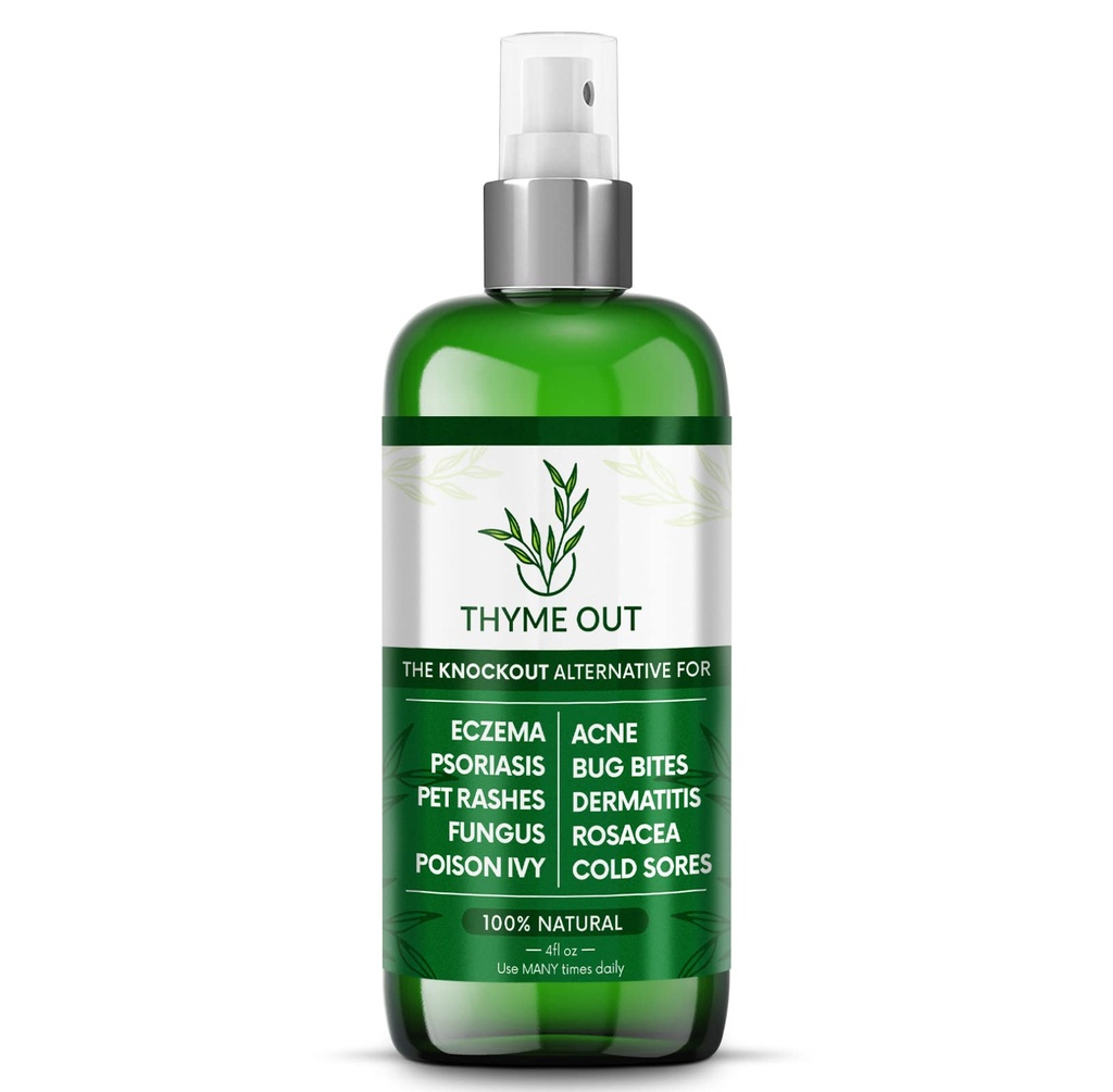 Thyme Out All Natural Eczema Treatment- Psoriasis Treatment - an All-in-One Solution for Acne, Dermatitis, Rosacea, Cold Sores, Bites, Poison Ivy - Anti-Itch Spray for Itchy Skin Relief 4oz