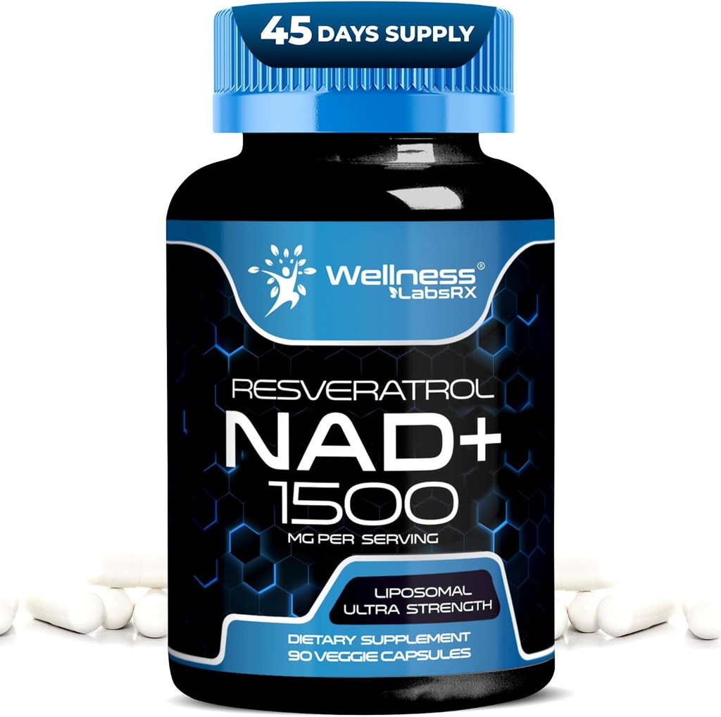 WELLENess LASSRX NAD Supplement, 1500mg - USA Made Liposomal NAD + Supplement med Resveratrol, NAD Plus Boosting - Support Cellular Health, Stamina & Sund Aging - Ultra Strength Capsules