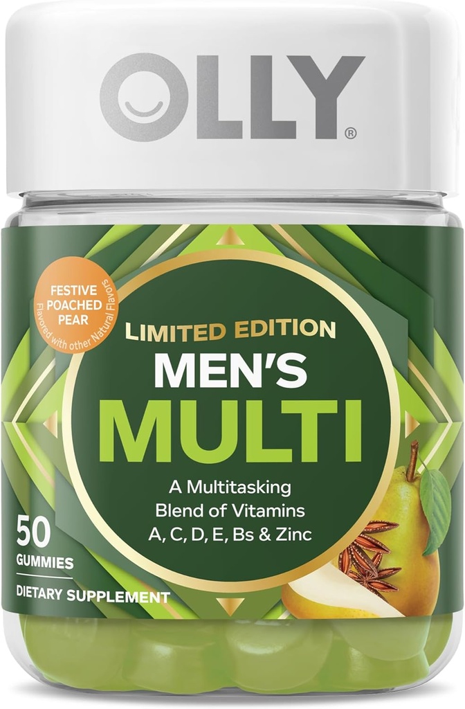 OLLY Mænds Multi, Vitaminer A, C, D, E, B, Zink, Limited Edition, Festlig Poached Cider - 50ct