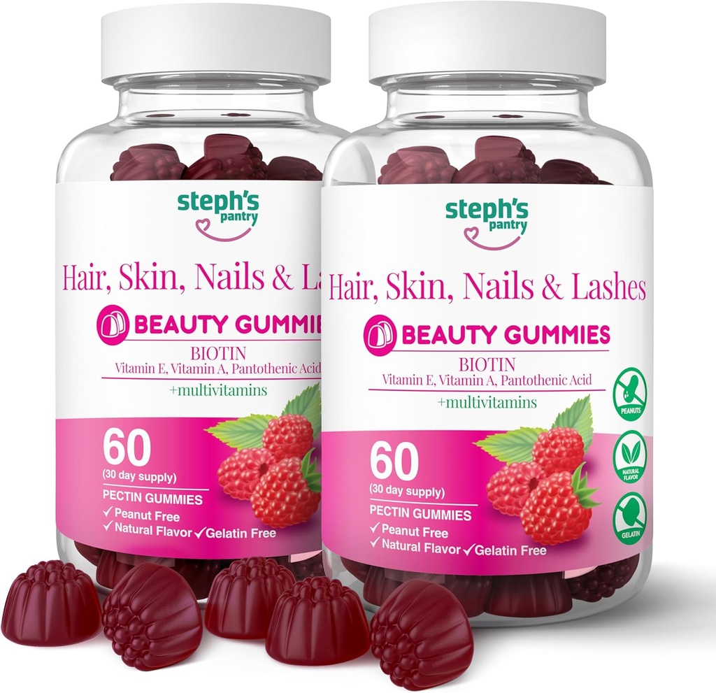 Stephs Pantry Biotin Gummies for Hår, Hud, Nails, & Lass High Strength Gummies against 124; Daily Multivitamins against 124; Glutenfri, Nut- Free, Non- GMO, Plant- baseret, Vegan, Kosher (120 Gummies)