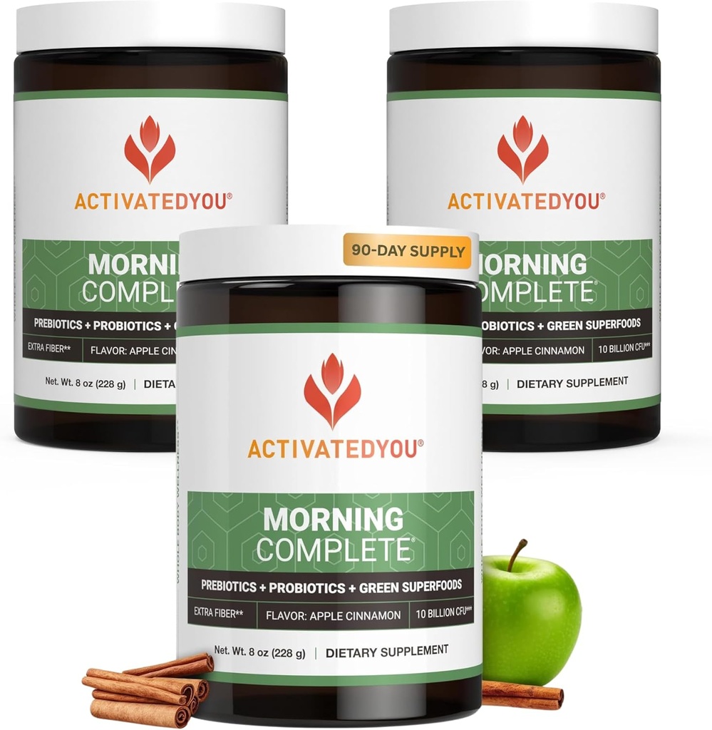 AKTIVATEDYR Morgen Komplet Daglig Wellness Green Superfood Drink Mix for Gut Health w / Prebiotika, Probiotika, Antioxidanter, Green Superfoods, 10 Millioner CFU 'er (3 Pack, Apple Kanel)
