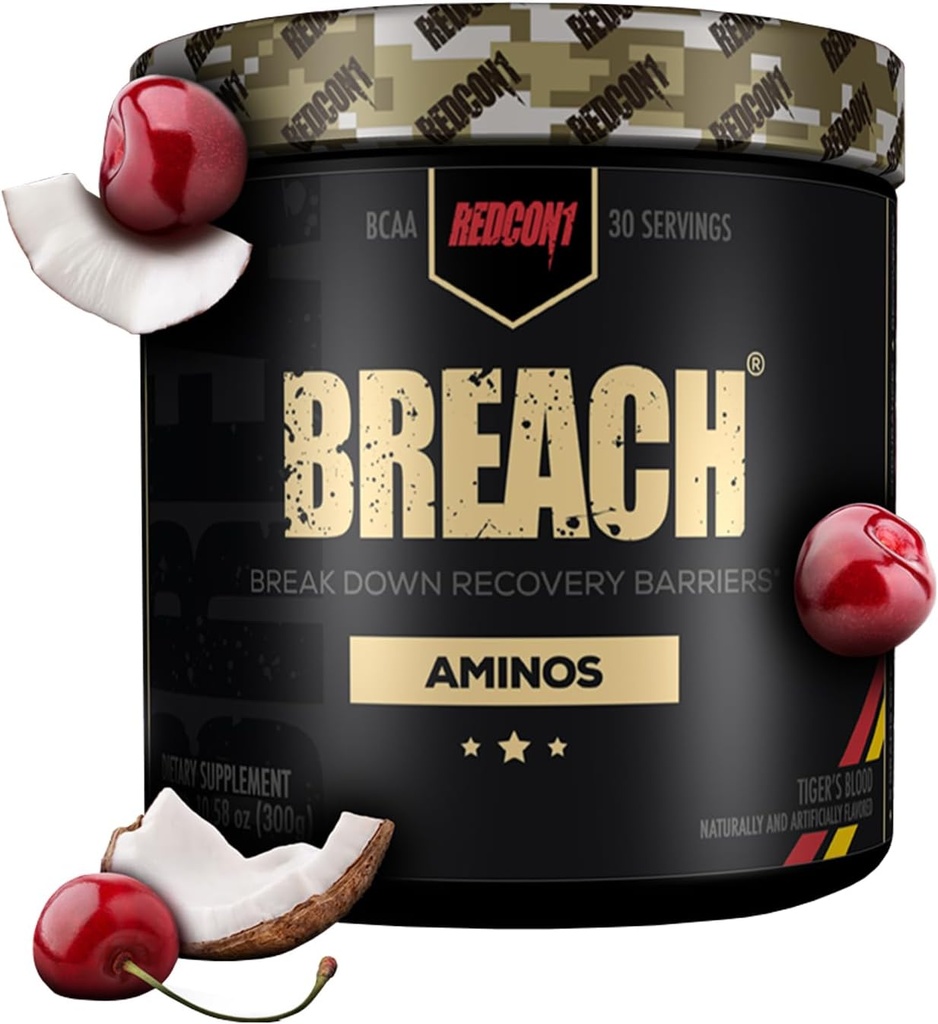 REDCON1 Breach BCAA, Tiger 's Blood - Keto Friendly + Sugar Free Essential Aminosyrer til inddrivelse - Indeholder BCAA L-Leucin, L-Isoleucin & L-Valine (30 Servere)