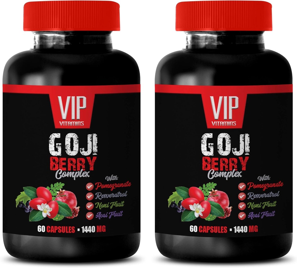 antioxidant supplement - GOJI BERRY COMPLEX - MED POMEGRANAT, RESVERATROL, NONI, ACAI - Pomegranat vitamin e til hud - antioxidant kosttilskud - antioxidanter vitaminer - 2 Bot 120 Caps