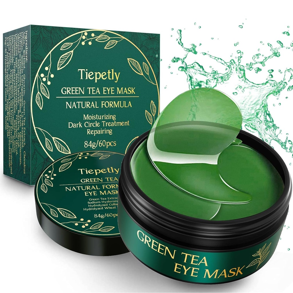 Tiepetly Under Eye Masks with Collagen, Green Tea Eye Patches for Dark Circles and Puffiness, Hydrating, Anti Wrinkle, 60 pcs