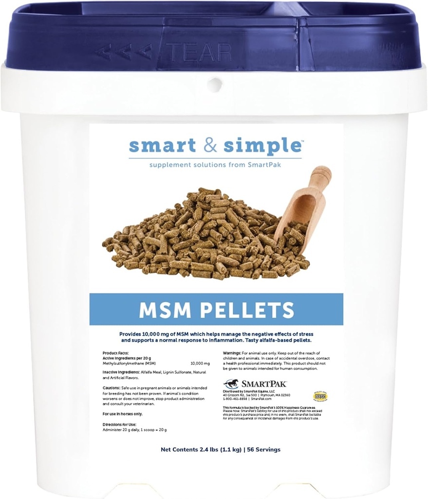 Smart & Simple MSM Pellets Measures 124; Hjælper Administrer virkninger af Stress Measures 124; Hestetillæg Aids in Cellular and Tissue Hosting Measurement 124; 56 Servering Measurement 124; 2.4 LB Bucket