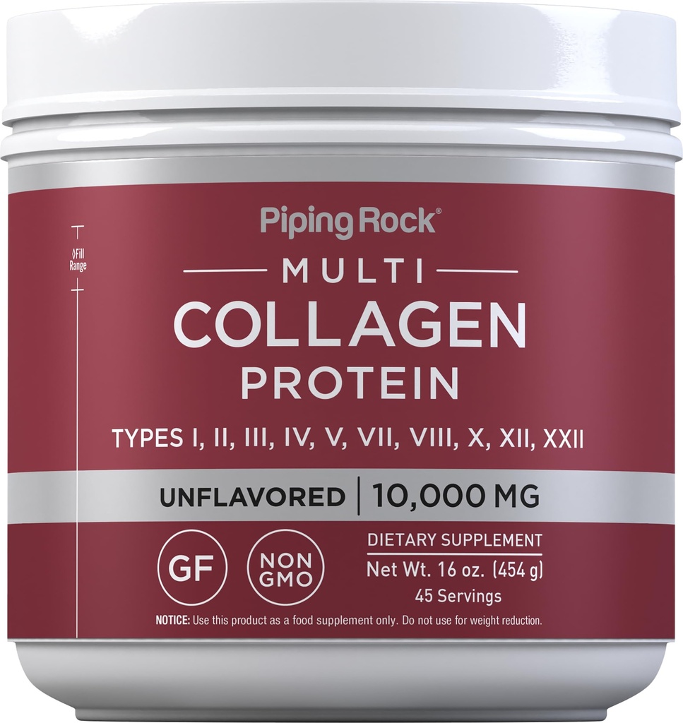 Piping Rock Multi Collagen Protein Powder Medical 124; 16 oz Unflavored Medical 124; Type I II III V X Medical 124; 10000mg Peptider Complex supplement for mænd og kvinder Medical 124; Gluten Free, Non- GMO supplement