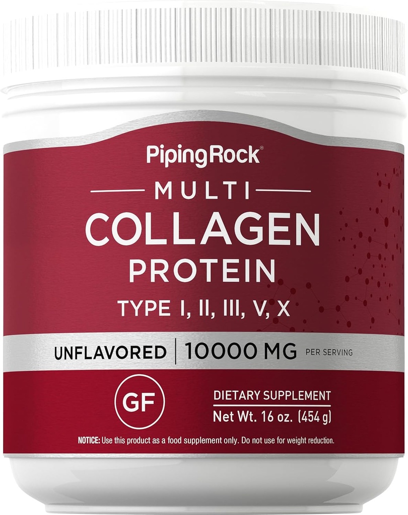 Piping Rock Multi Collagen Protein Powder Medical 124; 16 oz Unflavored Medical 124; Type I II III V X Medical 124; 10000mg Peptider Complex supplement for mænd og kvinder Medical 124; Gluten Free, Non- GMO supplement