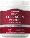 Piping Rock Multi Collagen Protein Powder Medical 124; 16 oz Unflavored Medical 124; Type I II III V X Medical 124; 10000mg Peptider Complex supplement for mænd og kvinder Medical 124; Gluten Free, Non- GMO supplement