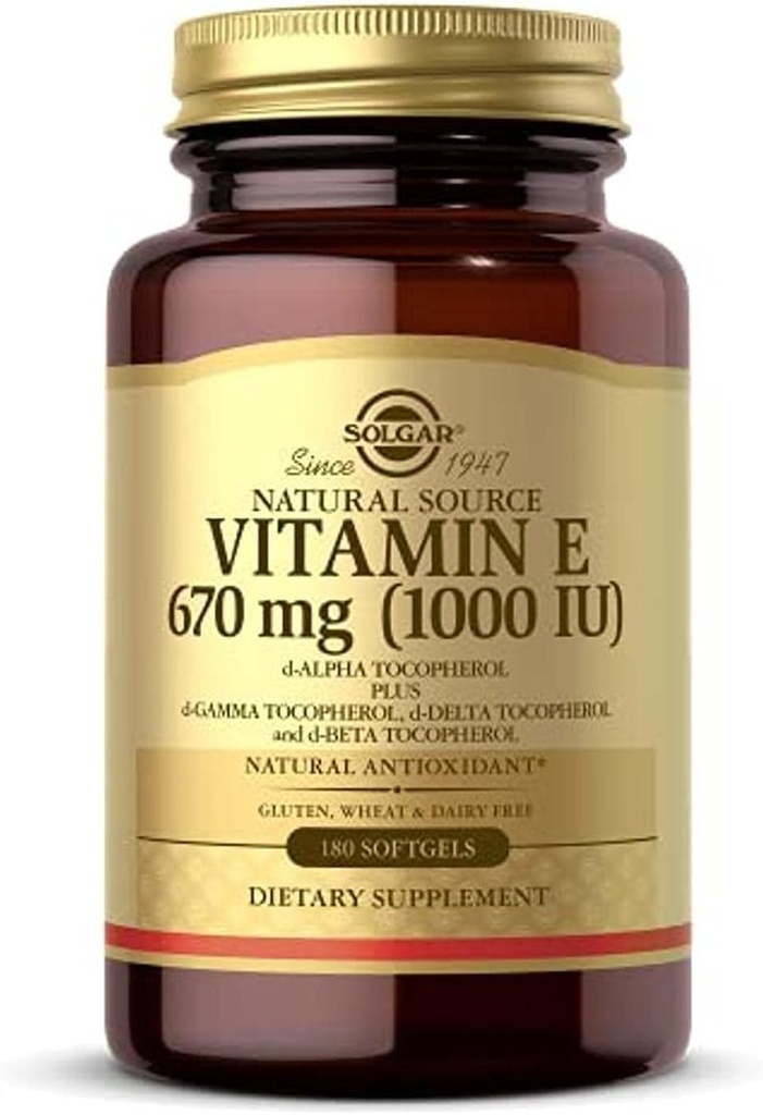 Solgar Vitamin E 670 mg (1000 IE), 180 Softgels - Natural Antioxidant, Hud & Immunsystem Support - Naturligt-sourced Vitamin E - Gluten Free, Dairy Free - 180 Servere