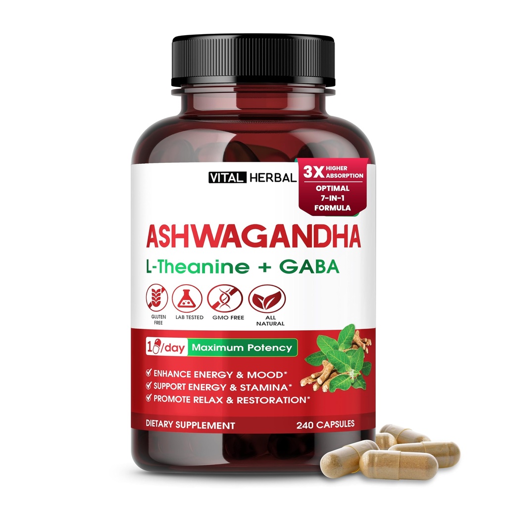 Ashwagandha Kompleks med L- Theanine, gurkemeje, Rhodiola & St. John 's Wort - Urteblend til daglig wellness - 240 kapsler