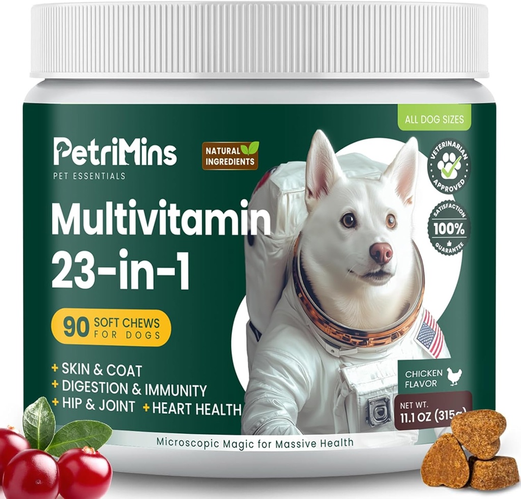 23- in-1 Hund Vitaminer Kosttilskud, Multivitamin Treats for Hunde med Glucosamin & Omega-3, Omfattende Support for Hip & Joint, fordøjelse, immunforsvar, hud, hjerte - 90ct, kylling