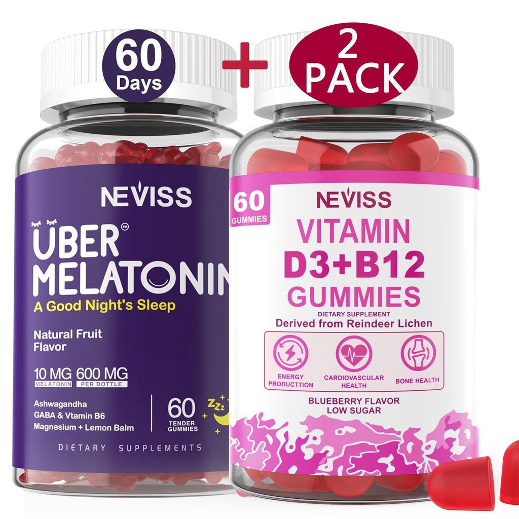 NEVISS Melatonin + Vitamin D3 & B12 Gummies, Vegan, 2+2=4 Pack
