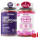 NEVISS Melatonin + Vitamin D3 & B12 Gummies, Vegan, 2+2=4 Pack