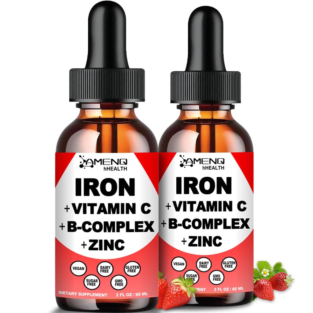 2 Pack flydende jern supplement w / vitamin C, A, B- kompleks, Vegansk jerndråber høj potens flydende Vitamin & jerntilskud til kvinder, mænd & børn -Support Red Blood Cell, Energy, Anæmi & Træthed