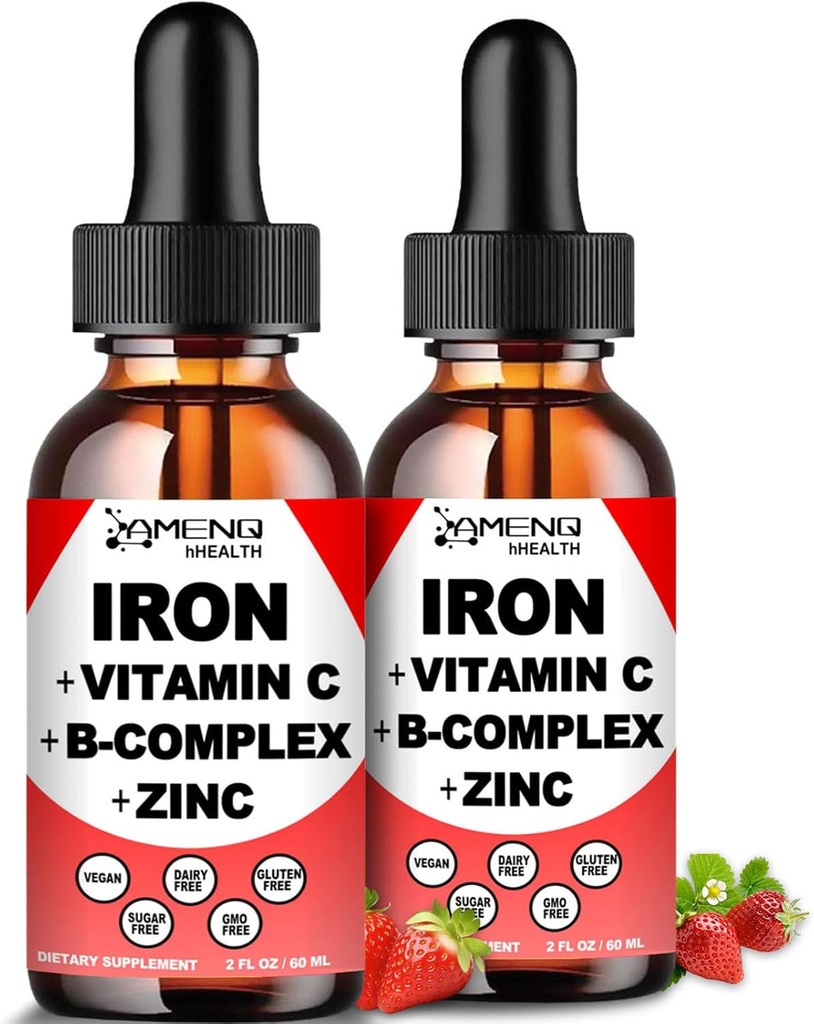 2 Pack flydende jern supplement w / vitamin C, A, B- kompleks, Vegansk jerndråber høj potens flydende Vitamin & jerntilskud til kvinder, mænd & børn -Support Red Blood Cell, Energy, Anæmi & Træthed