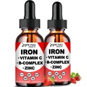 2 Pack flydende jern supplement w / vitamin C, A, B- kompleks, Vegansk jerndråber høj potens flydende Vitamin & jerntilskud til kvinder, mænd & børn -Support Red Blood Cell, Energy, Anæmi & Træthed