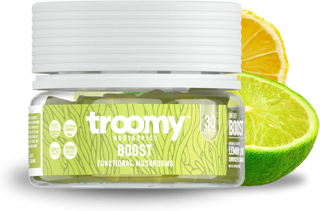 Troomy Boost Cordyceps Alle naturlige svampe Gummies - understøtter aktiv livsstil & Hyper Focus - Lemon Lime - 30 Greve