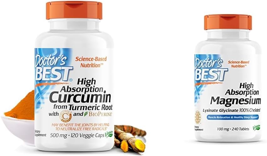 Doctor 's Best DRB- 00107 High Absorption Curcumin fra gurkemeje med C3 Complex & BioPerine 500mg & High Absorption Magnesium Glycinate Lysinat, 100% Chelated, Non- GMO, Vegan, Gluten