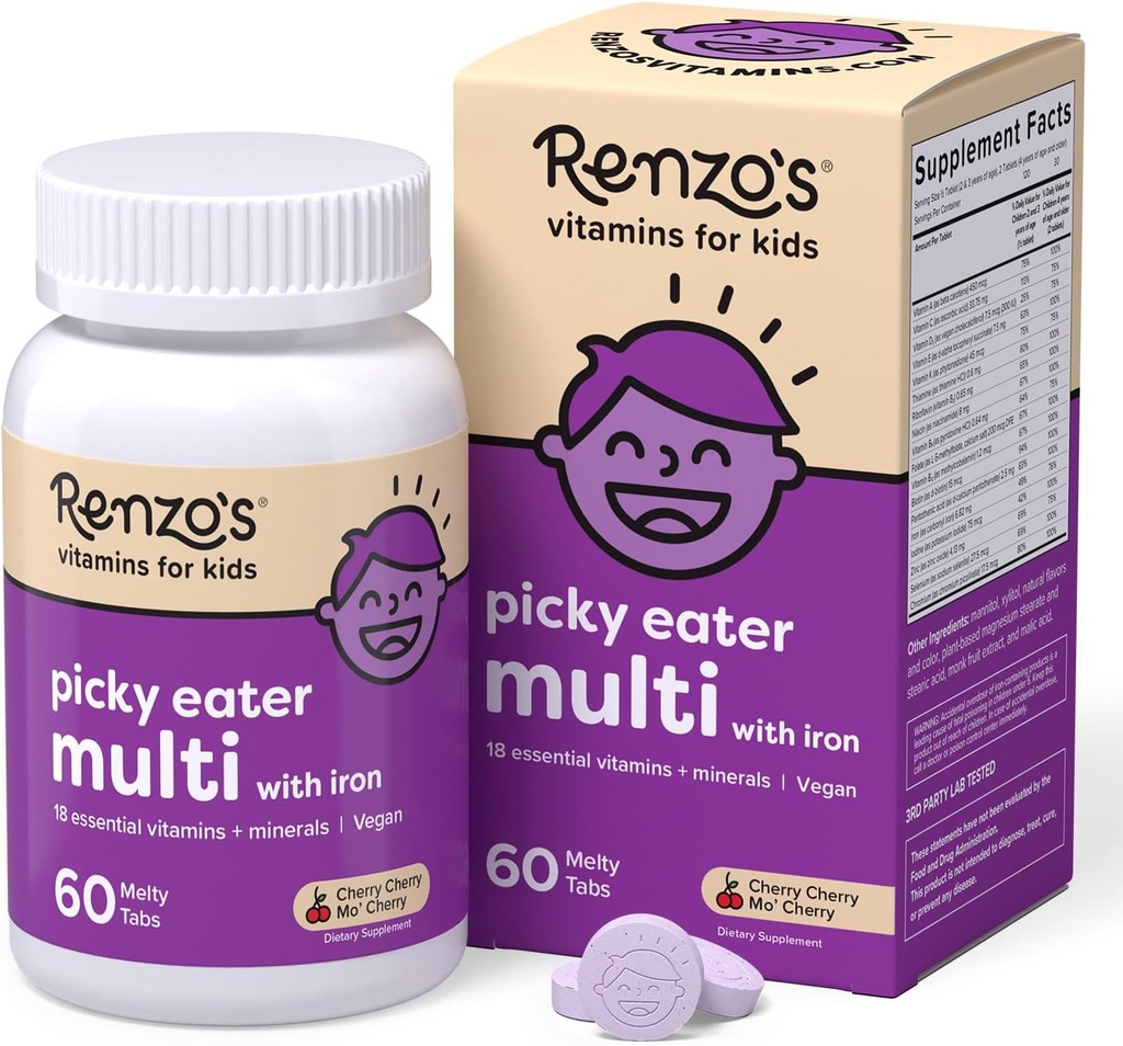 Renzos Picky Eater Kids Multivitamin med Jern, Opløse Kids Vitaminer med Vitamin D3 & K2 og mere, 60 sukkerfri Melty Tabs, Cherry Mo 'Cherry Flavored